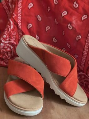 Clarks Orange Suede Crisscross Wedge Sandals